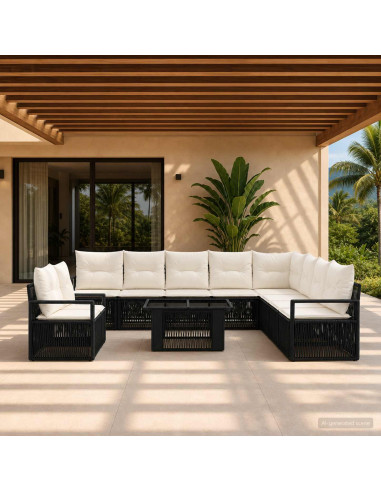 Set Divano da Giardino 11 pz Nero e Bianco Crema polyrattan