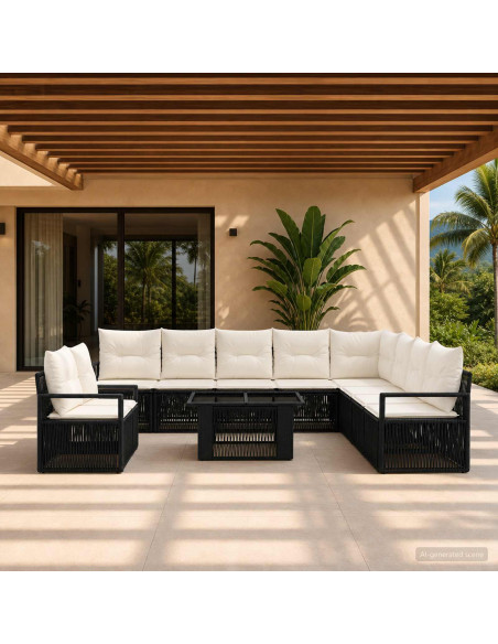 Set Divano da Giardino 11 pz Nero e Bianco Crema polyrattan
