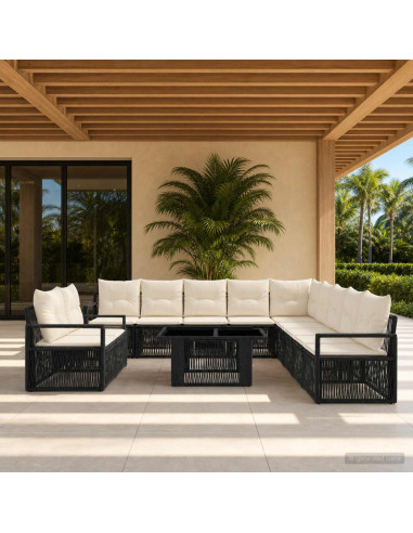 Set Divano da Giardino 12 pz Nero e Bianco Crema polyrattan
