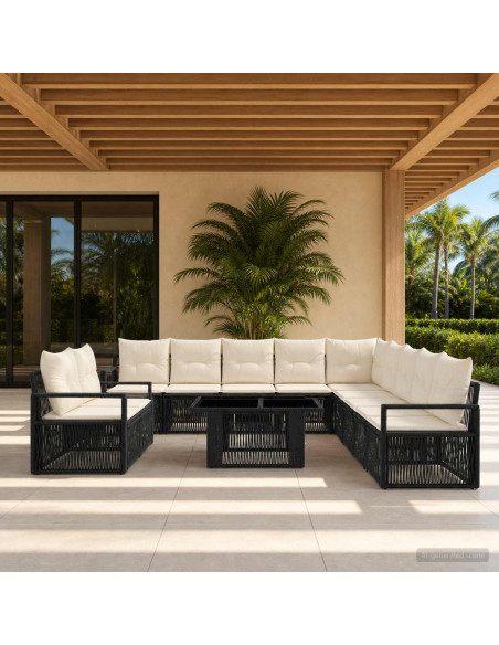 Set Divano da Giardino 12 pz Nero e Bianco Crema polyrattan