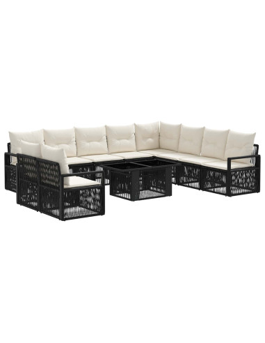 Set Divano da Giardino 11 pz Nero e Bianco Crema polyrattan