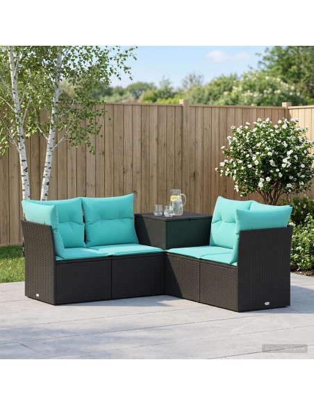 Set di divani 5 pz Nero e Blu Rattan sintetico e Acciaio
