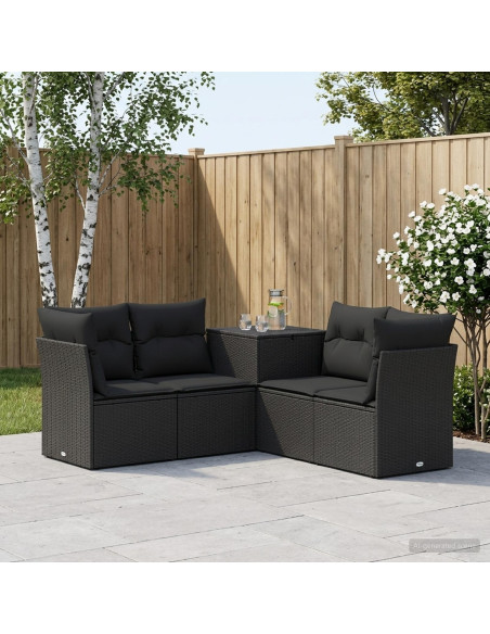 Set di divani 5 pz Nero Rattan sintetico e Acciaio