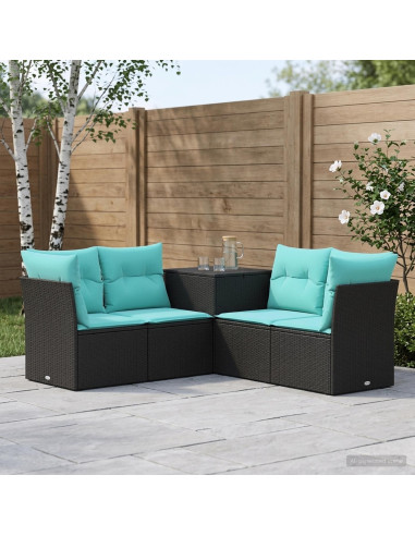 Set di divani 5 pz Nero e Blu Rattan sintetico e Acciaio