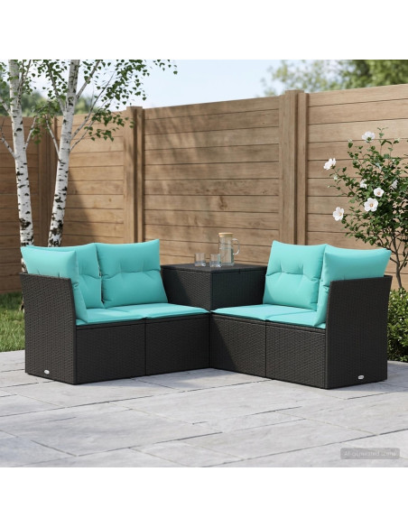 Set di divani 5 pz Nero e Blu Rattan sintetico e Acciaio