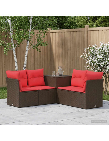 Set di divani 5 pz Marrone e Rosso Rattan sintetico e Acciaio