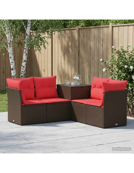 Set di divani 5 pz Marrone e Rosso Rattan sintetico e Acciaio