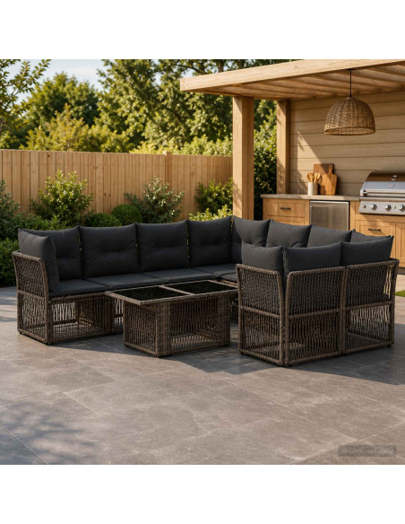Set Divano da Giardino 9 pz Grigio polyrattan