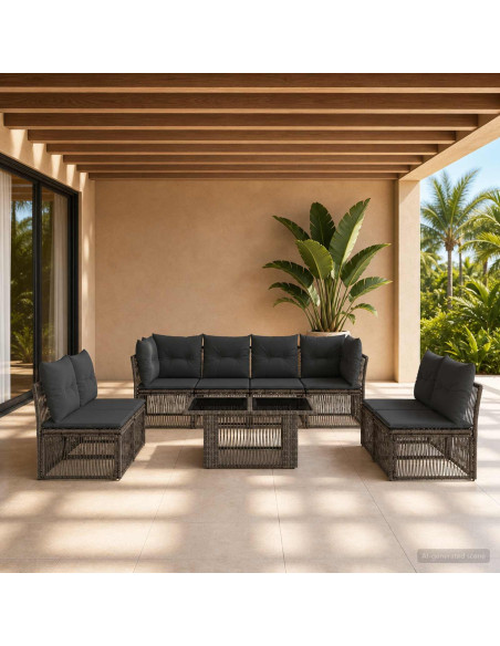 Set Divano da Giardino 9 pz Grigio polyrattan