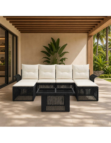 Set Divano da Giardino 7 pz Nero e Bianco Crema polyrattan