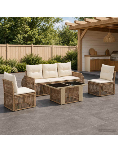 Set Divano da Giardino 6 pz Beige e Bianco Crema polyrattan