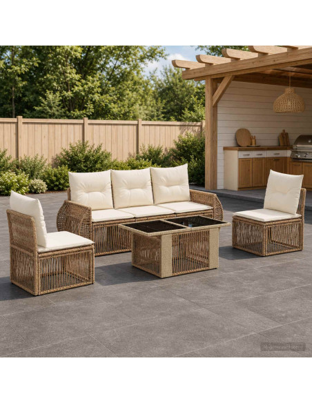Set Divano da Giardino 6 pz Beige e Bianco Crema polyrattan
