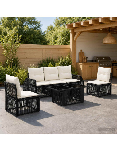 Set Divano da Giardino 6 pz Nero e Bianco Crema polyrattan