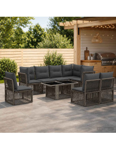 Set Divano da Giardino 9 pz Grigio polyrattan