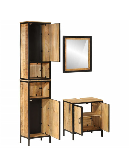 Set Mobili da Bagno 3 pz in Ferro e Legno Massello di Mango