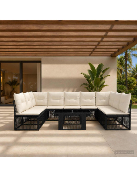 Set Divano da Giardino 10 pz Nero polyrattan
