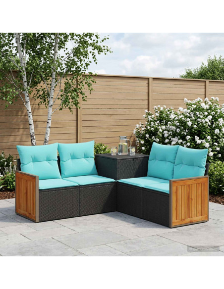 Set di divani 5 pz Nero e Blu Rattan sintetico e Acciaio