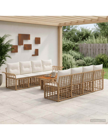 Set Divano da Giardino 9 pz Naturale e Bianco Crema polyrattan
