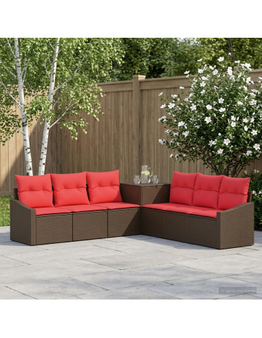 Set di divani 7 pz Marrone e Rosso Rattan sintetico e Acciaio