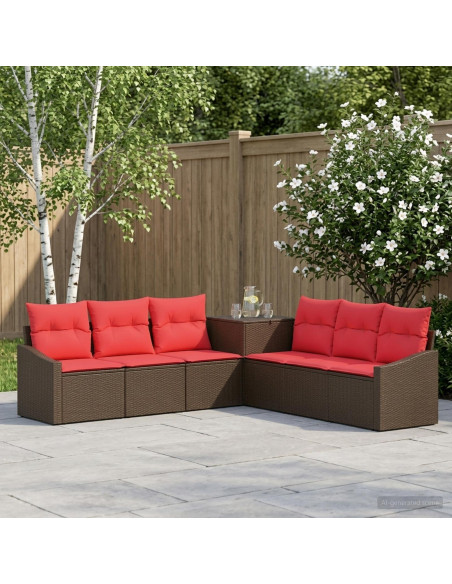 Set di divani 7 pz Marrone e Rosso Rattan sintetico e Acciaio