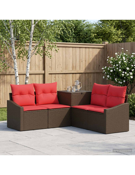 Set di divani 5 pz Marrone e Rosso Rattan sintetico e Acciaio