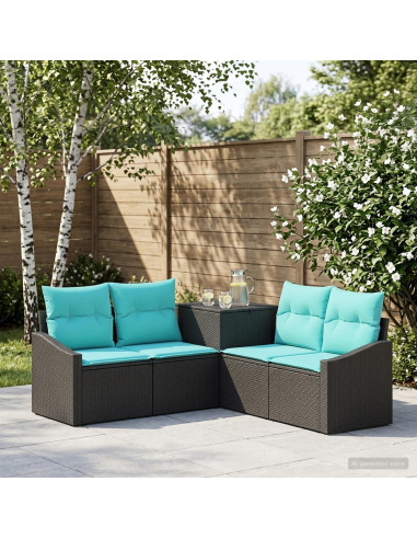 Set di divani 5 pz Nero e Blu Rattan sintetico e Acciaio