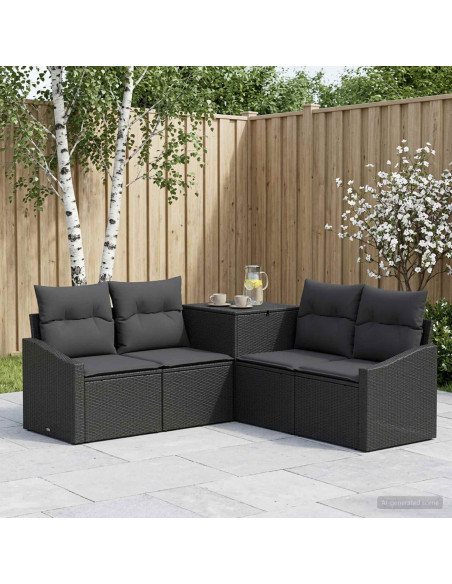 Set di divani 5 pz Nero Rattan sintetico e Acciaio