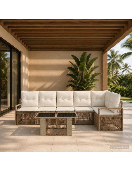 Set Divano da Giardino 7 pz Beige e Bianco Crema polyrattan
