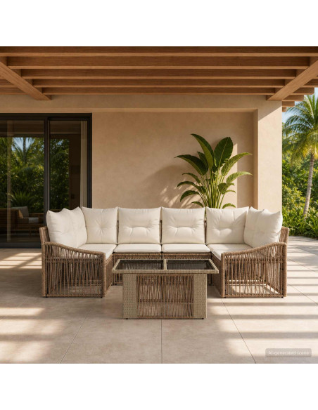 Set Divano da Giardino 7 pz Beige e Bianco Crema polyrattan