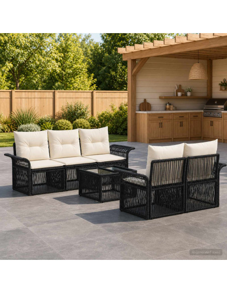 Set Divano da Giardino 6 pz Nero polyrattan