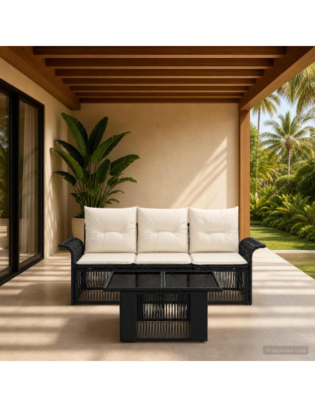 Set Divano da Giardino 4 pz Nero e Bianco Crema polyrattan