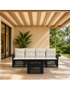 Set Divano da Giardino 5 pz Nero e Bianco Crema polyrattan
