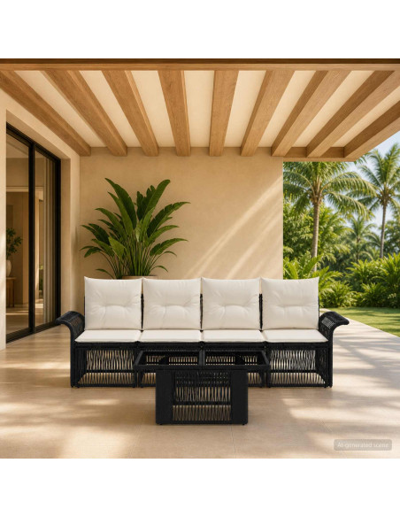 Set Divano da Giardino 5 pz Nero e Bianco Crema polyrattan