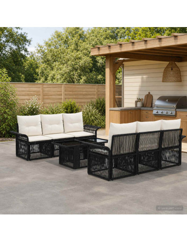 Set Divano da Giardino 7 pz Nero e Bianco Crema polyrattan