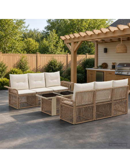 Set Divano da Giardino 7 pz Beige e Bianco Crema polyrattan