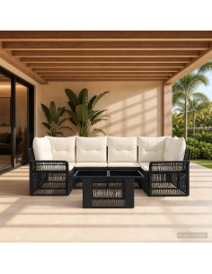 Set Divano da Giardino 7 pz Nero e Bianco Crema polyrattan