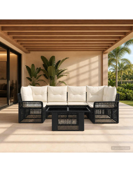 Set Divano da Giardino 7 pz Nero e Bianco Crema polyrattan