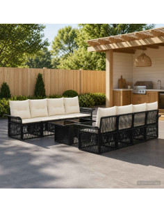 Set Divano da Giardino 9 pz Nero e Bianco Crema polyrattan
