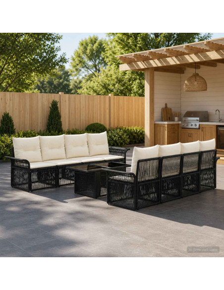 Set Divano da Giardino 9 pz Nero e Bianco Crema polyrattan