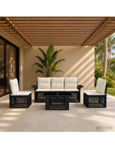 Set Divano da Giardino 6 pz Nero e Bianco Crema polyrattan