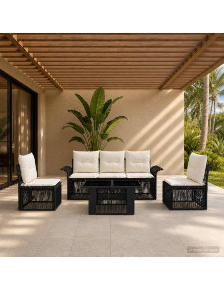 Set Divano da Giardino 6 pz Nero e Bianco Crema polyrattan