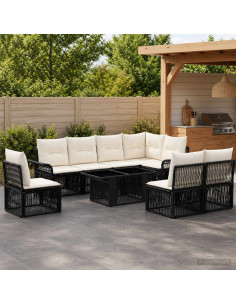 Set Divano da Giardino 9 pz Nero e Bianco Crema polyrattan