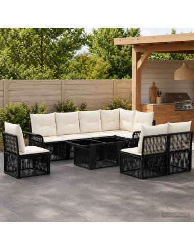 Set Divano da Giardino 9 pz Nero e Bianco Crema polyrattan