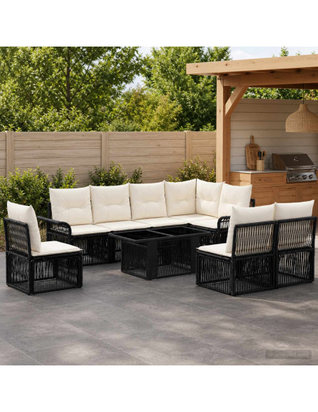 Set Divano da Giardino 9 pz Nero e Bianco Crema polyrattan