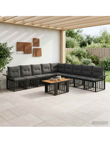 Set Divano da Giardino 10 pz Nero e Grigio scuro polyrattan