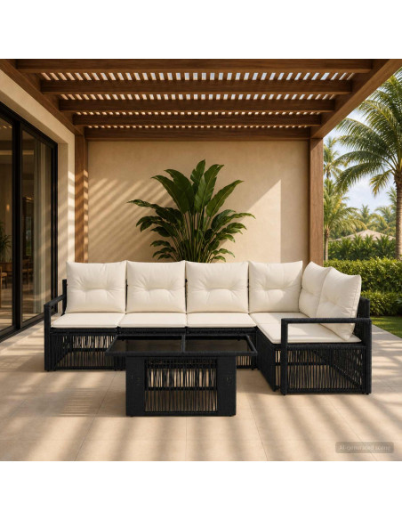 Set Divano da Giardino 6 pz Nero e Bianco Crema polyrattan