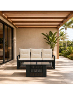 Set Divano da Giardino 4 pz Nero e Bianco Crema polyrattan