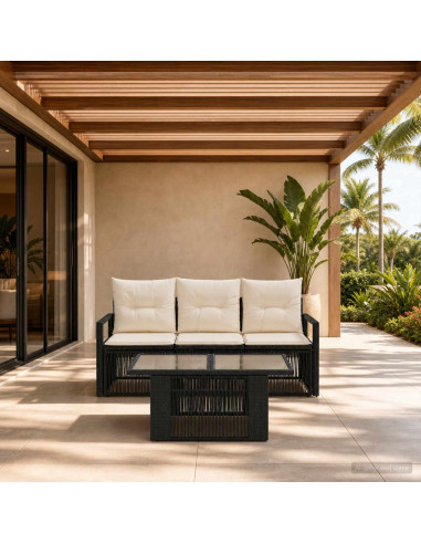 Set Divano da Giardino 4 pz Nero e Bianco Crema polyrattan