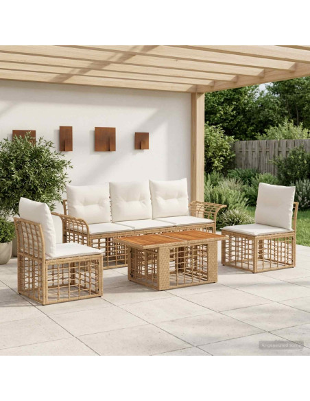 Set Divano da Giardino 6 pz Naturale e Bianco Crema polyrattan