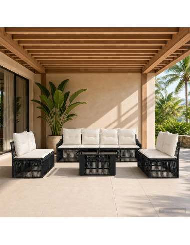 Set Divano da Giardino 9 pz Nero e Bianco Crema polyrattan